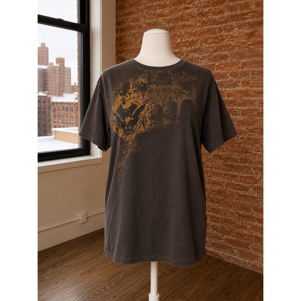 VTG Y2K Mens S Graphic Tee Faded Brown Skeleton Distressed T-Shirt Grunge 2000s